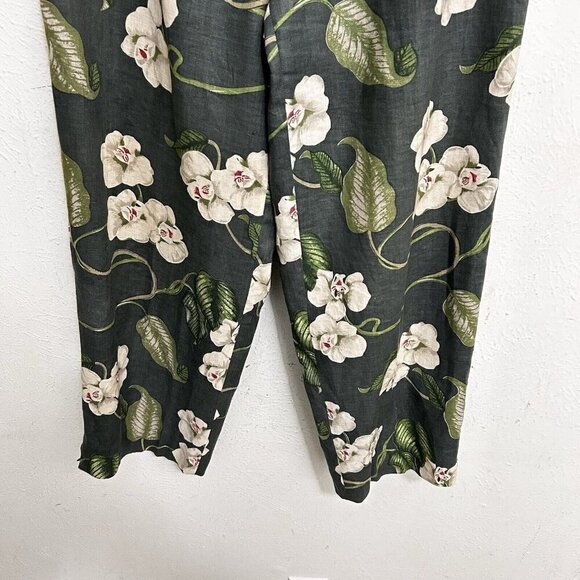 Silk Club Collection 100% Linen Crop Pants Green Floral Size 6 Fully Lined Zip - Picture 3 of 10